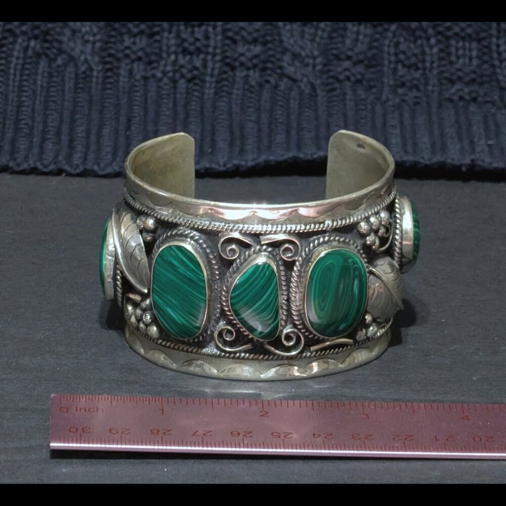 MASSIVE Estate 1950s Native Mexican Malachite Sterling Silver Bracelet